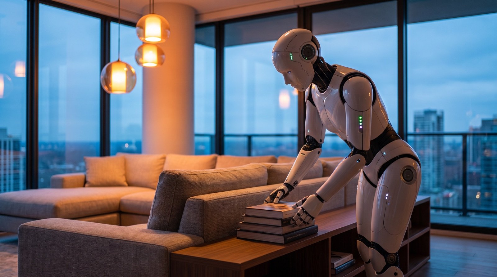 Ein humanoider Roboter räumt am Abend ein modernes Wohnzimmer auf