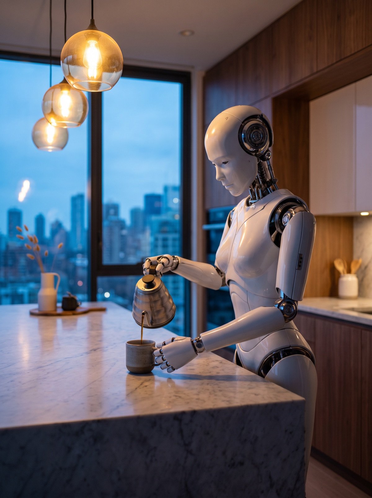 Roboter gießt Kaffee in einer modernen Küche ein