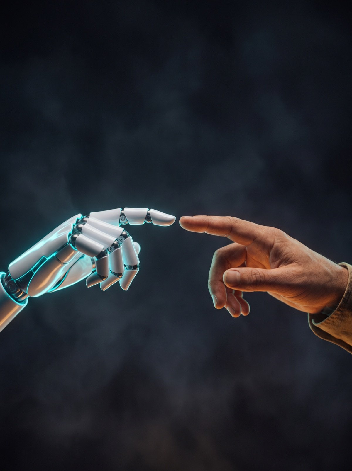 Roboterhand und Menschenhand berühren sich beinahe
