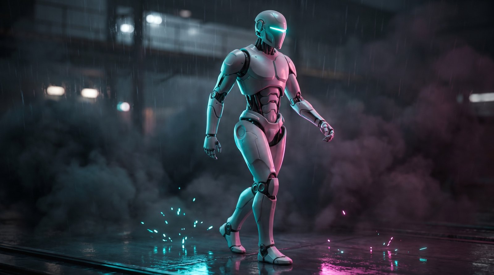 Humanoider Roboter schreitet durch Regen und Funken, Cyan- und Magenta-Licht