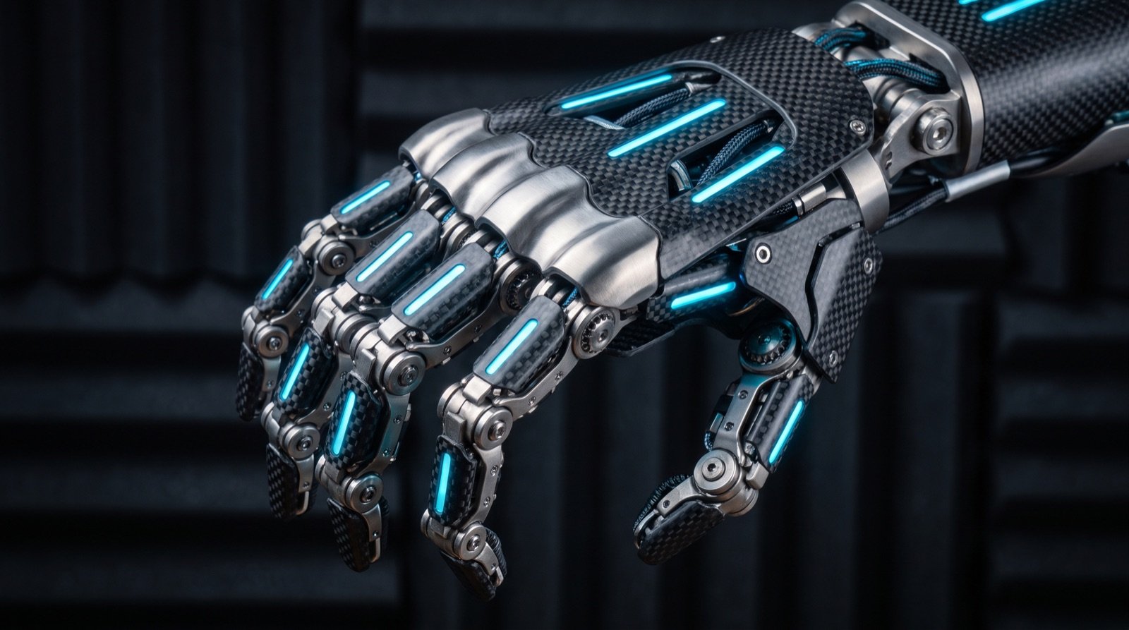 Nahaufnahme der beweglichen Hand eines humanoiden Roboters mit sichtbaren Gelenken
