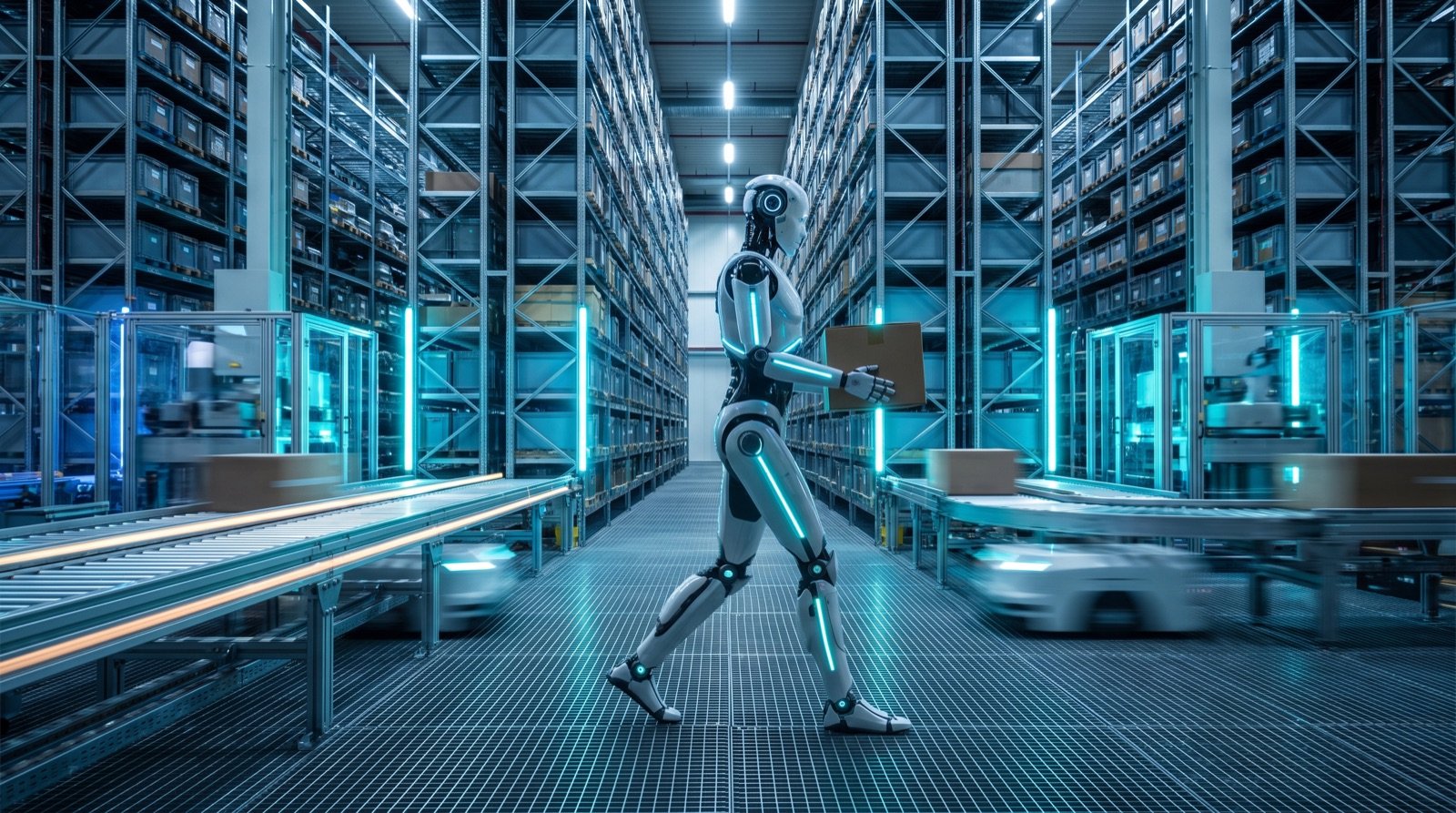 Ein humanoider Roboter trägt einen Karton durch ein großes automatisiertes Lager