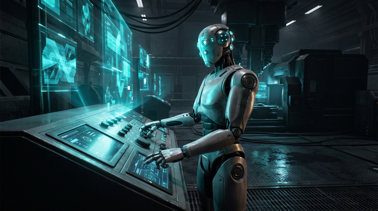 Ein humanoider Roboter bedient ein Steuerpult in einer Hightech-Fabrik