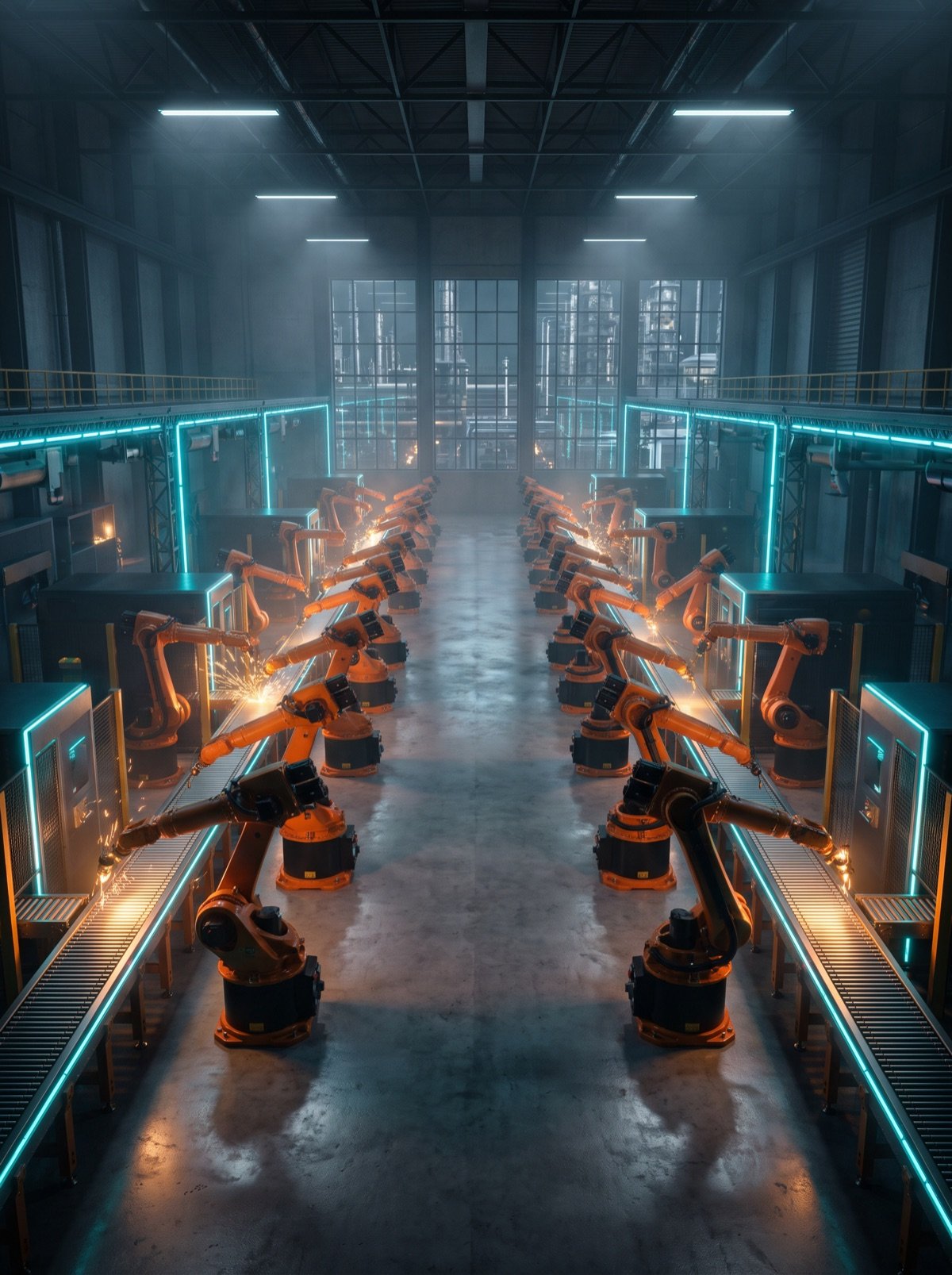 Industrieroboter in einer dunklen Smart Factory