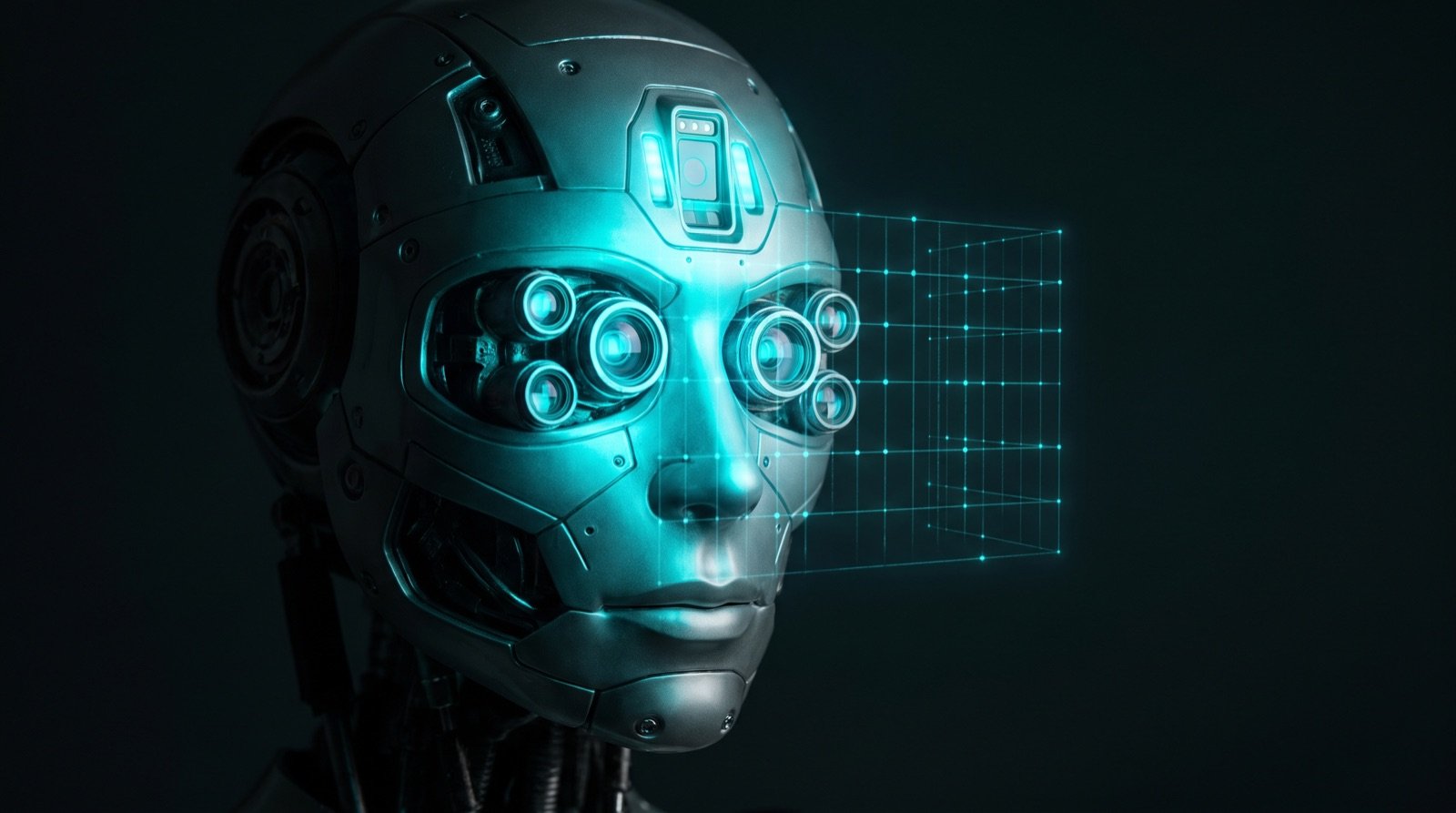 Nahaufnahme eines Roboterkopfs mit leuchtenden Kameraaugen, der seine Umgebung wahrnimmt