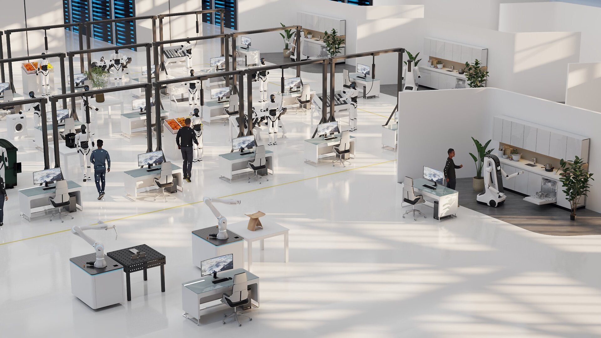 Blick in ein NEURA Gym, eine Trainingshalle, in der Roboter an verschiedenen Stationen reale Aufgaben üben