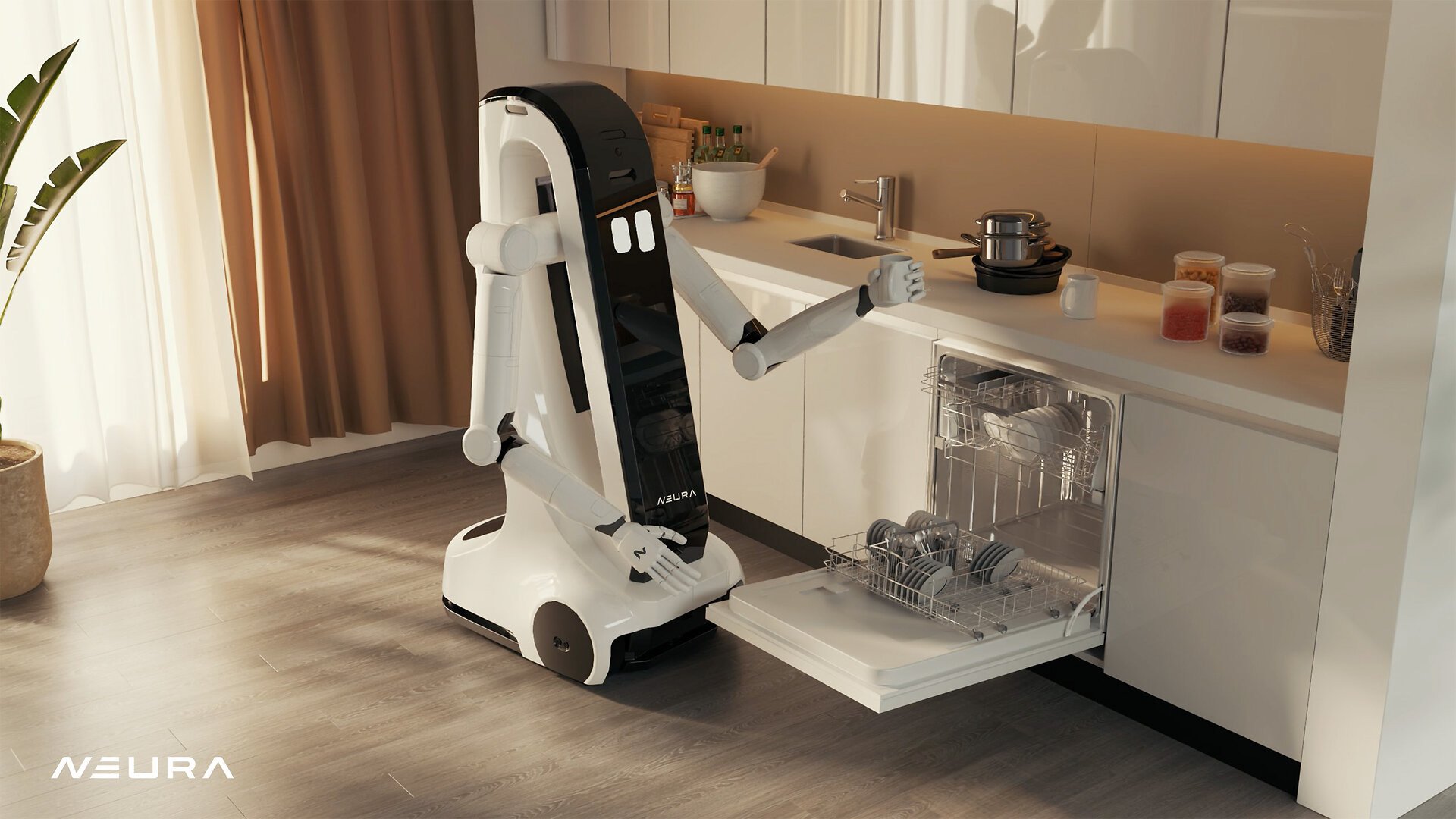 Der Serviceroboter MiPA von NEURA Robotics räumt in einer hellen Küche eine geöffnete Spülmaschine ein