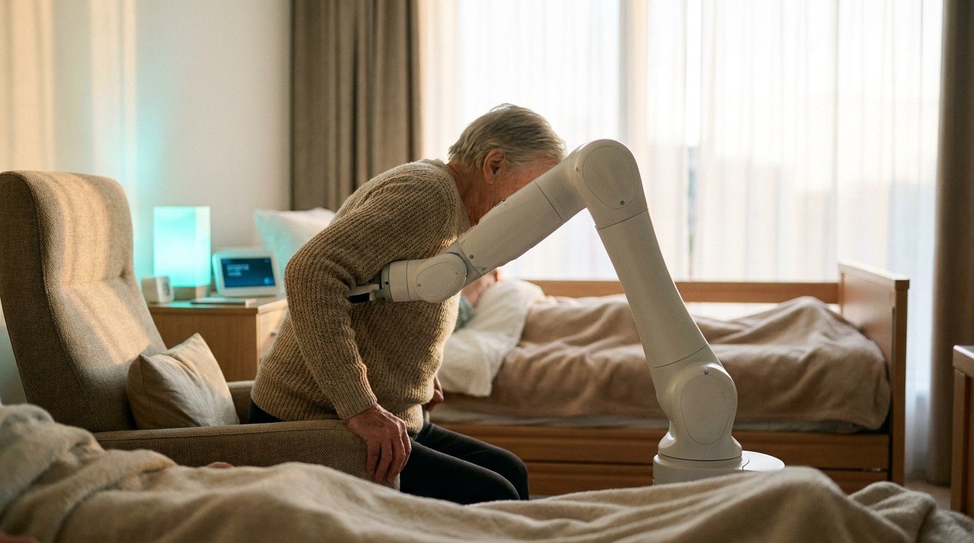 Ein weißer Assistenzroboter stützt eine Person beim Aufstehen aus einem Stuhl in einem hellen Pflegezimmer