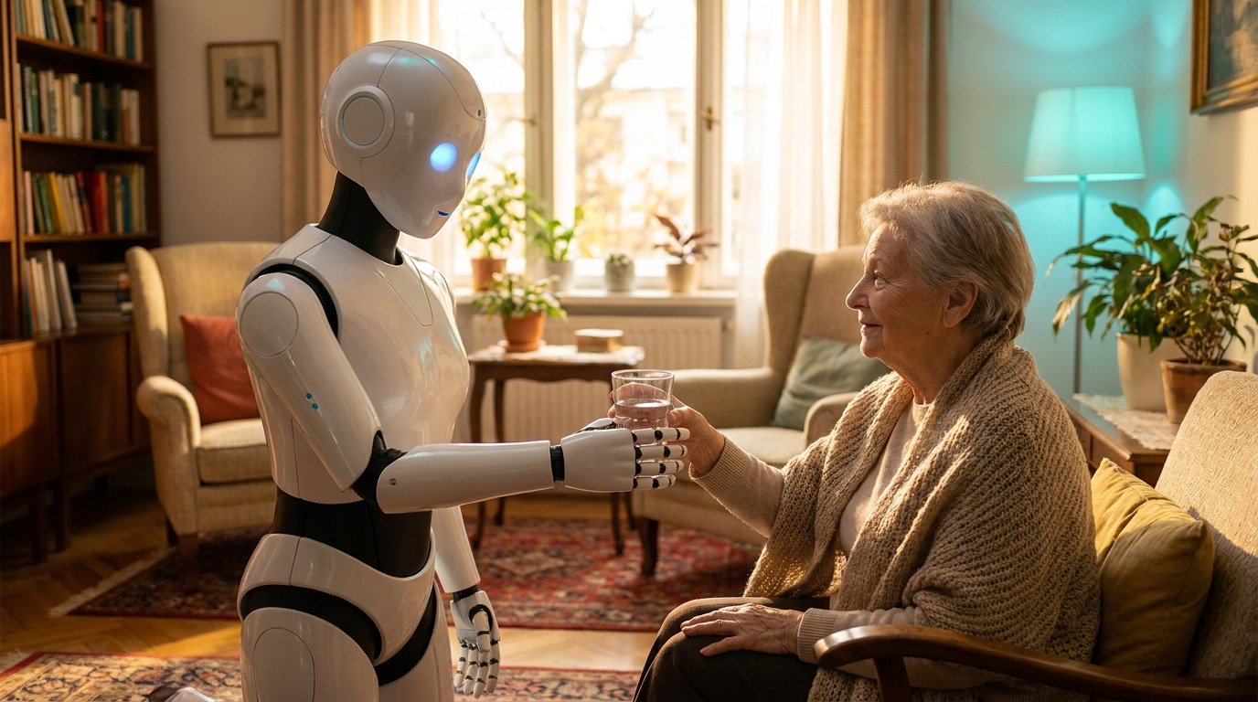 Roboter reicht einer älteren Frau ein Glas Wasser