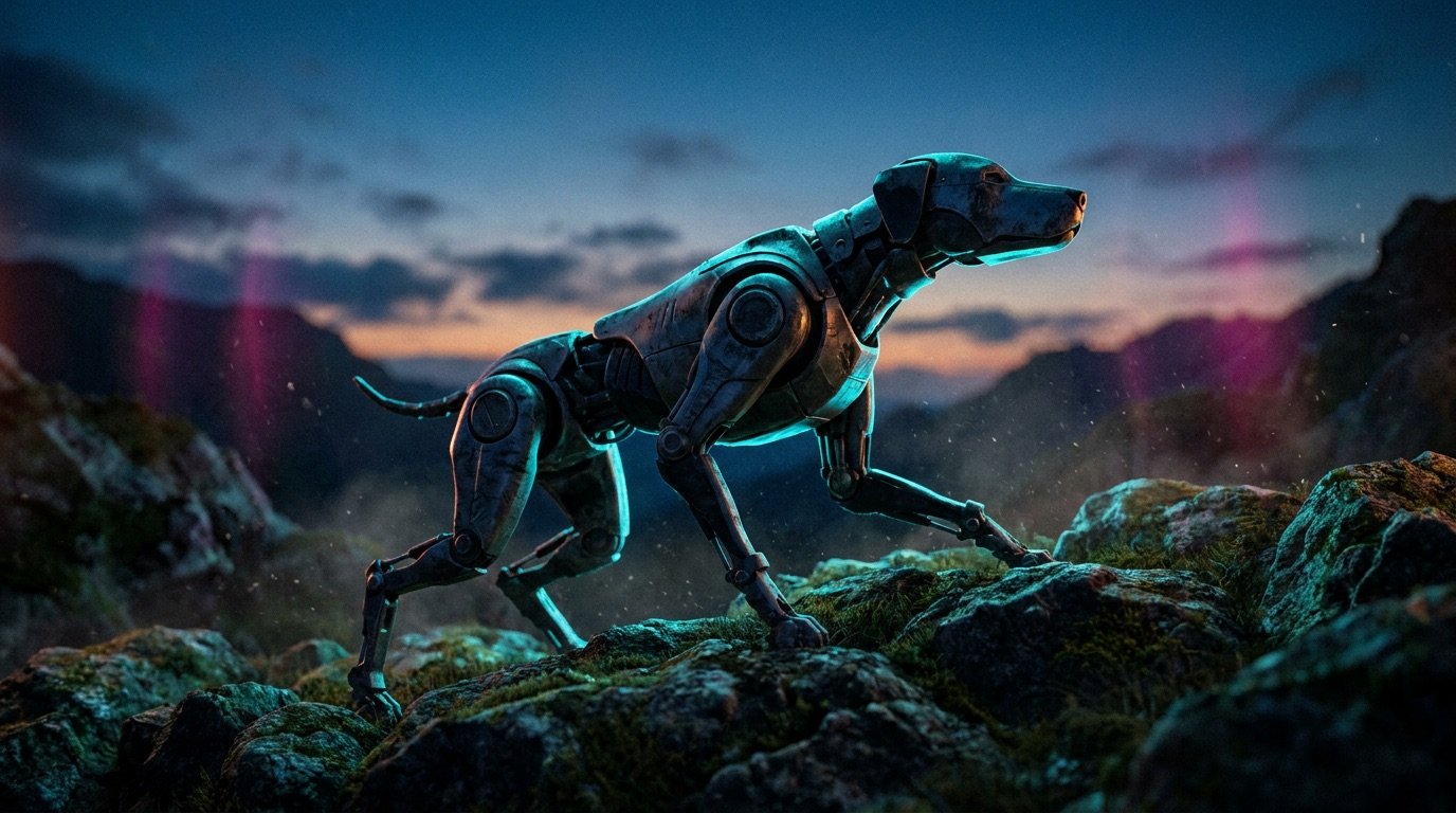 Vierbeiniger Roboterhund auf felsigem Gelände