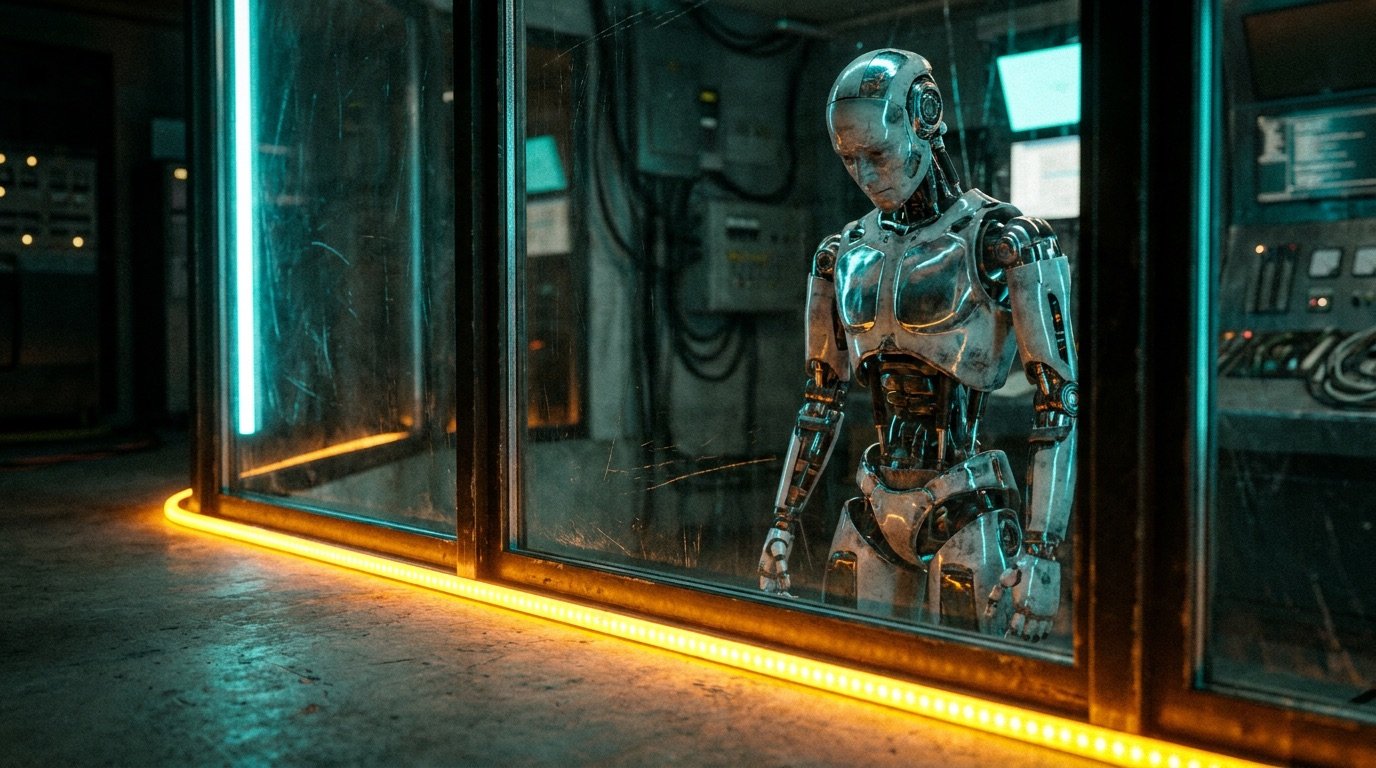 Roboter hinter einer Sicherheitsscheibe