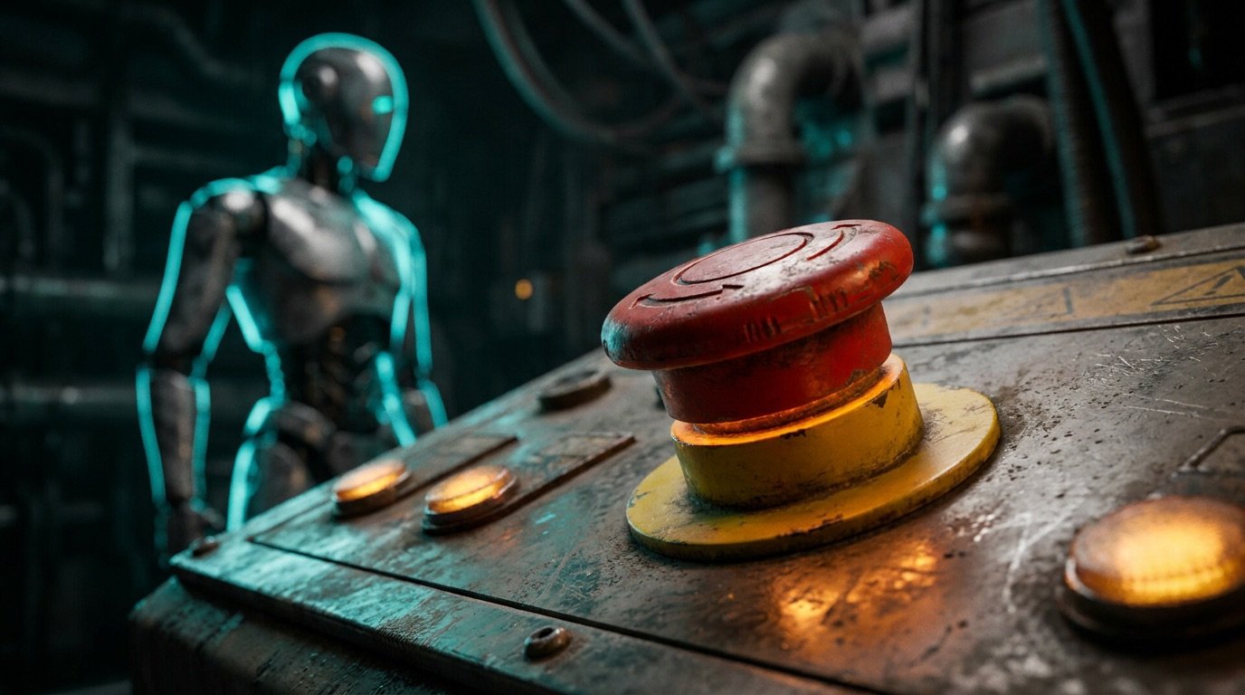 Ein großer roter Not-Aus-Knopf auf einem Bedienpult, im dunklen Hintergrund ein Roboter